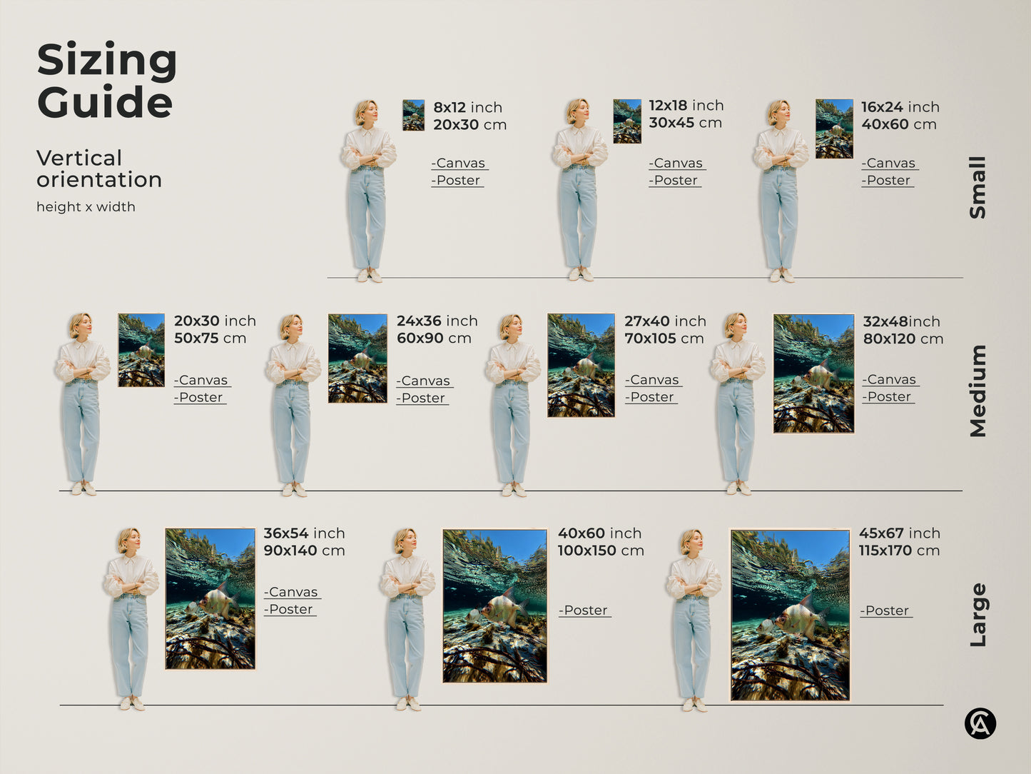 Sizing guide for vertical underwater fish wall art. Available as canvas or poster prints in various sizes. Ranging from small to large. Blue teal artwork brings a serene ocean view to residential spaces. Perfect for housewarming gifts.