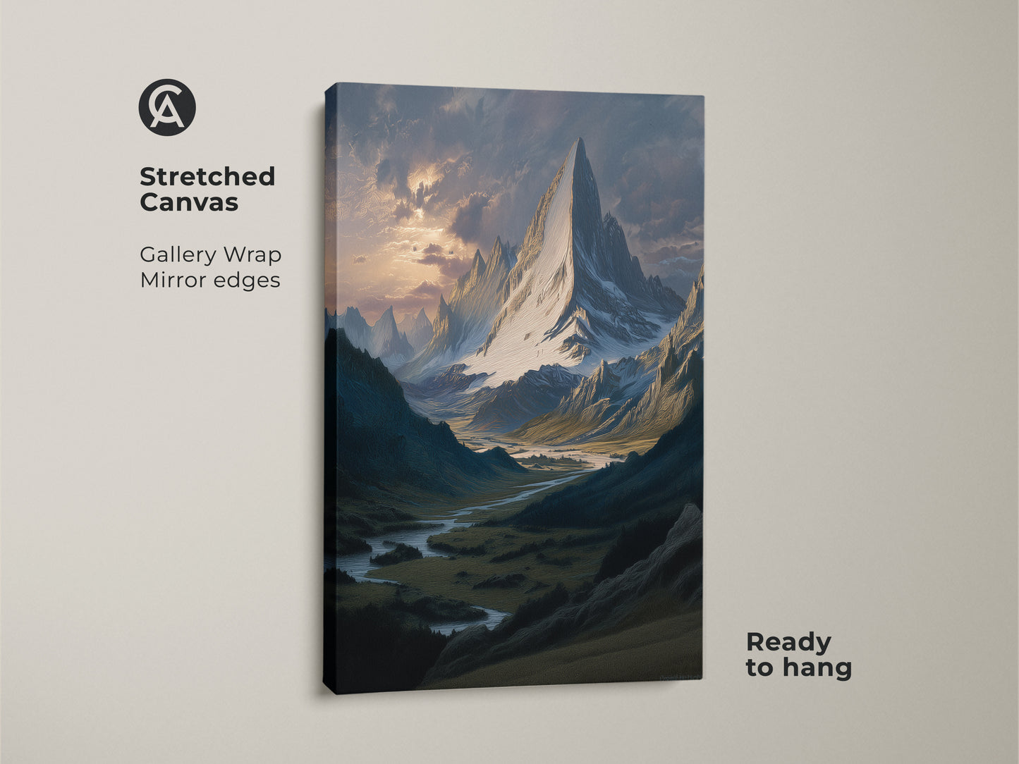 Stretched canvas print featuring a snowy peak and river valley. This landscape is painterly mountain artwork. Traditional decor in blue gray tones. Ready to hang for instant nature inspired wall decor. Perfect hiker gift for dad.