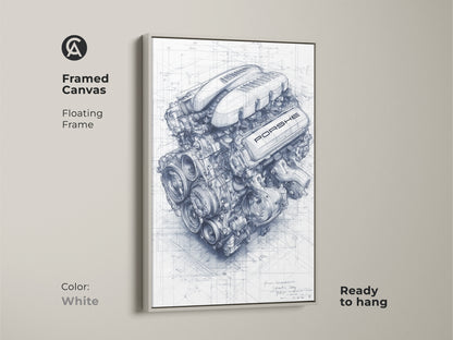 White framed canvas showcasing a Porsche engine technical drawing. This automotive art has a floating frame. It is a car enthusiast gift idea. Perfect as detailed engine drawing art.