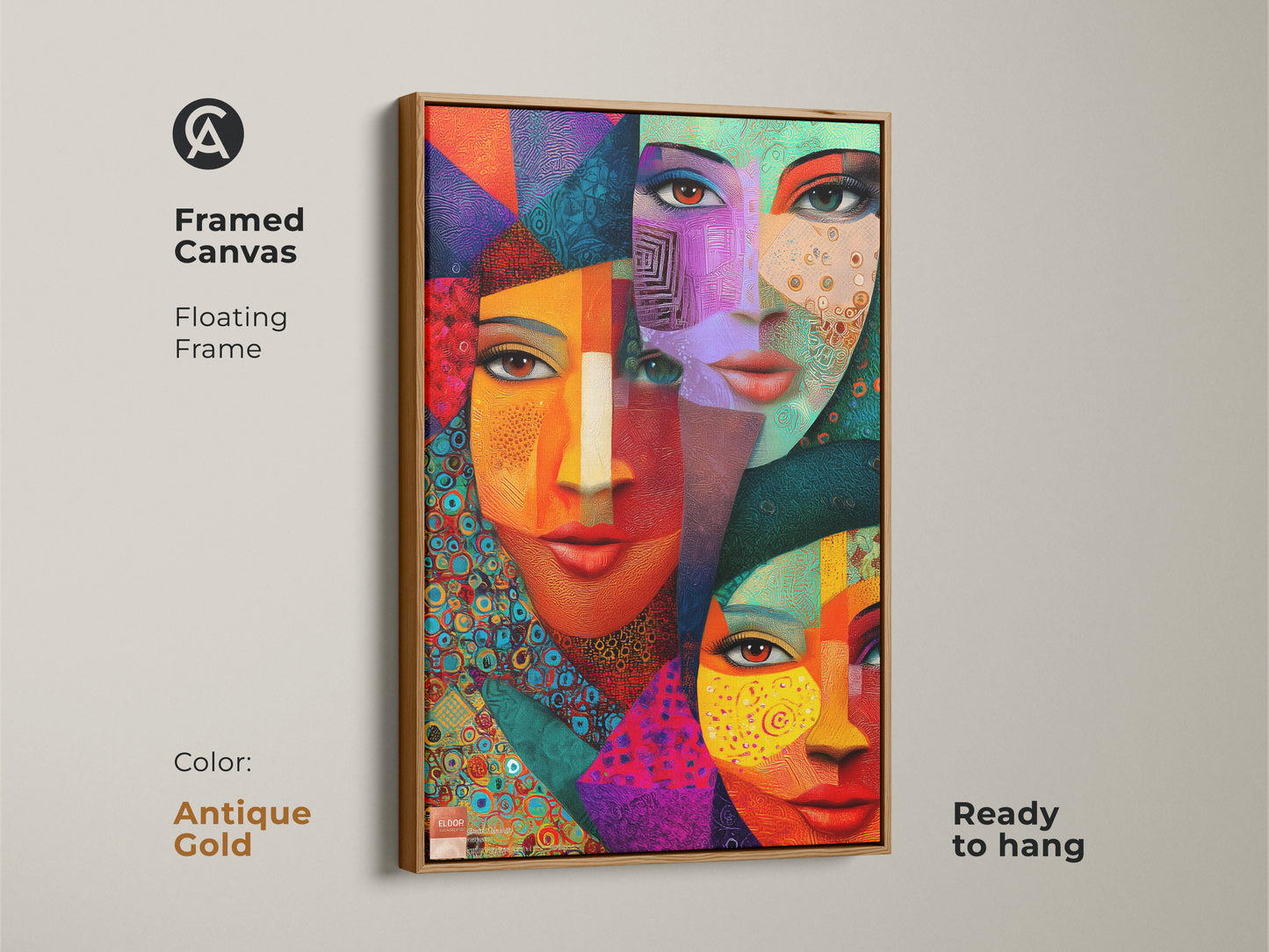 Framed canvas presenting geometric abstract faces art. The cubist portrait in teal orange and red features a floating antique gold frame. An eclectic modern artwork piece that's ready to hang. Perfect for unique wall decor.