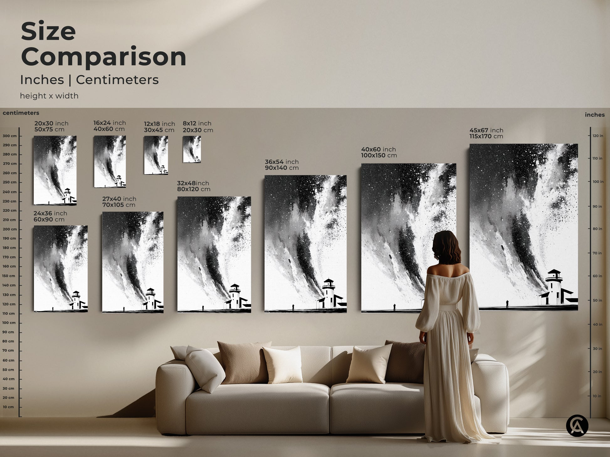 Size comparison featuring black white abstract lighthouse art. See how each canvas transforms a living space. Perfect as modern bedroom wall art or home office abstract decor. Find the ideal fit for you today.