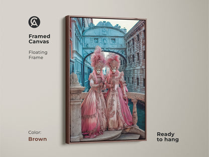 Brown framed canvas of Venetian Carnival Artwork. This masquerade mask wall art is ready to hang. The floating frame showcases regal pink gold teal artwork. A baroque style print for eclectic home decor.