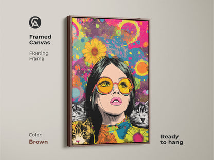 Framed canvas showcasing pop art woman with cats in a floating brown frame. This retro cat lover gift is ready to hang. The eclectic wall art print adds warmth to any space. Its hot pink yellow teal colors make it vibrant. This animal portrait canvas is a unique gift. Perfect for vibrant home decor.
