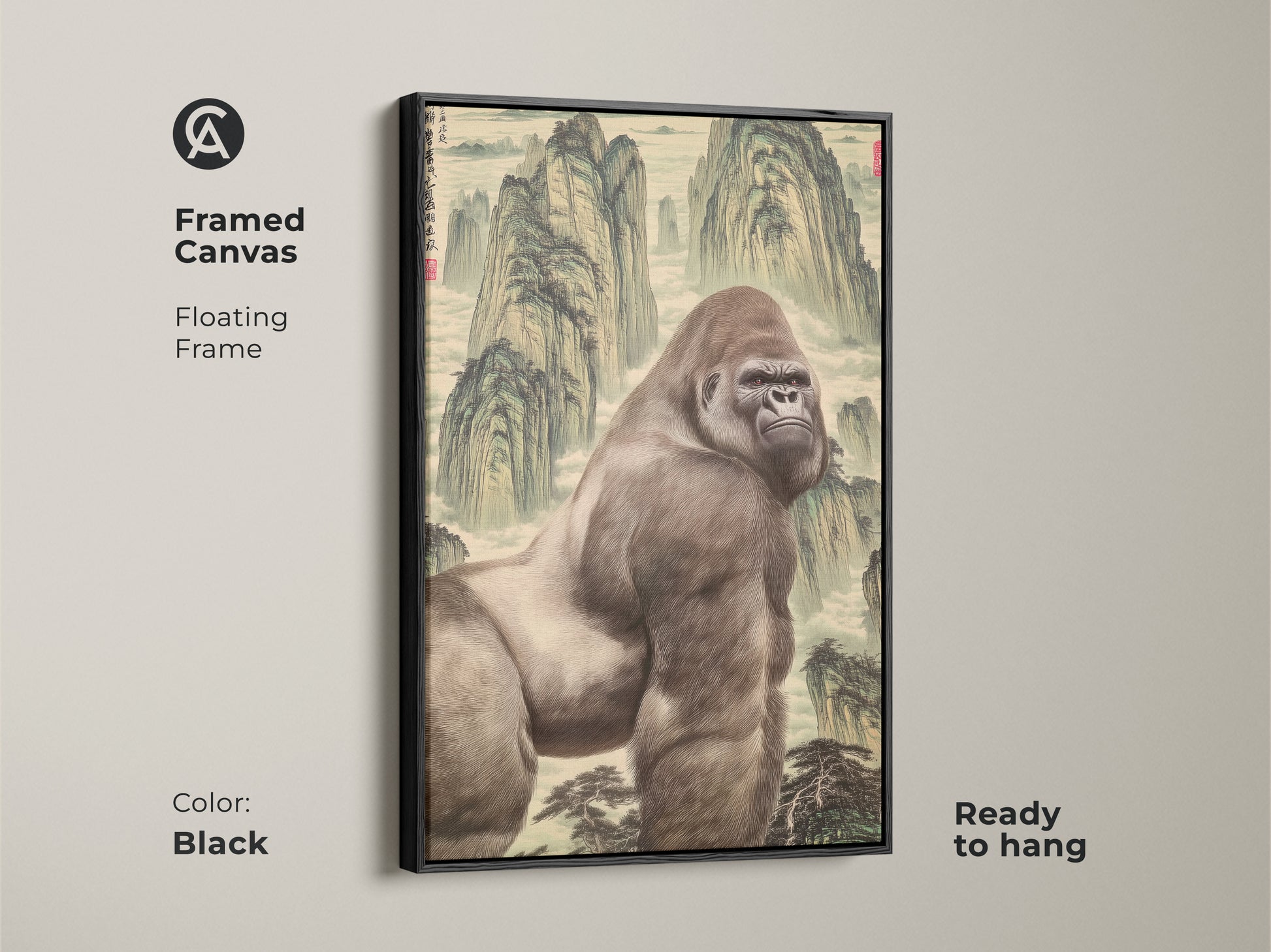Framed canvas featuring a mountain gorilla in a Chinese landscape. The floating frame complements the eclectic animal artwork. A great piece of art for an office wall. This is mythology inspired art wall hanging.