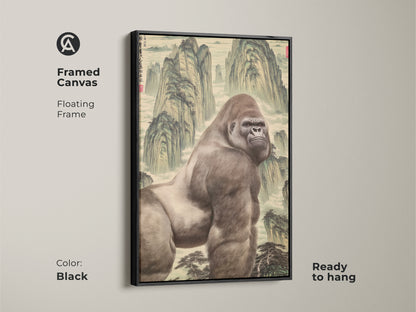 Framed canvas featuring a mountain gorilla in a Chinese landscape. The floating frame complements the eclectic animal artwork. A great piece of art for an office wall. This is mythology inspired art wall hanging.
