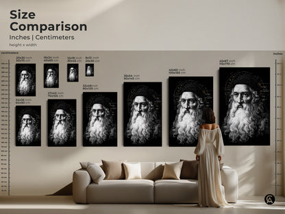 Size comparison of Leonardo da Vinci art prints. See how the artwork looks in various sizes above a sofa. This Renaissance portrait is available in multiple dimensions. Choose the ideal vintage scientific diagram print for your space. A perfect piece of intellectual art.
