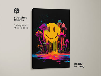 Stretched canvas gallery wrap featuring psychedelic art. The artwork shows a melting smiley face with neon dripping colors. The background is black. Mushrooms surround the smiley face. This canvas art is ready to hang with mirror edges.