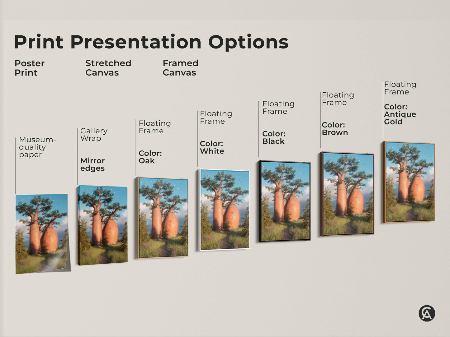 Explore print presentation options for scenic nature wall art. Choose from poster prints stretched canvas and framed canvas. Options include museum quality paper gallery wrap and floating frames. Customize your Baobab tree art for home.