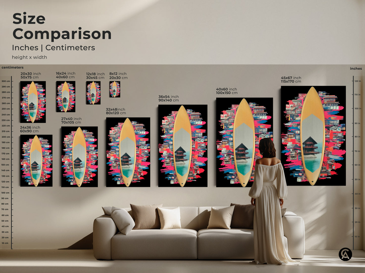 Size comparison of surfboard collage art prints in inches and centimeters. The sizes are displayed within a home interior context. See how this eclectic teal blue pink artwork fits your space. Perfect as a housewarming gift or a unique wall accent piece.