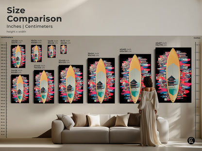 Size comparison of surfboard collage art prints in inches and centimeters. The sizes are displayed within a home interior context. See how this eclectic teal blue pink artwork fits your space. Perfect as a housewarming gift or a unique wall accent piece.