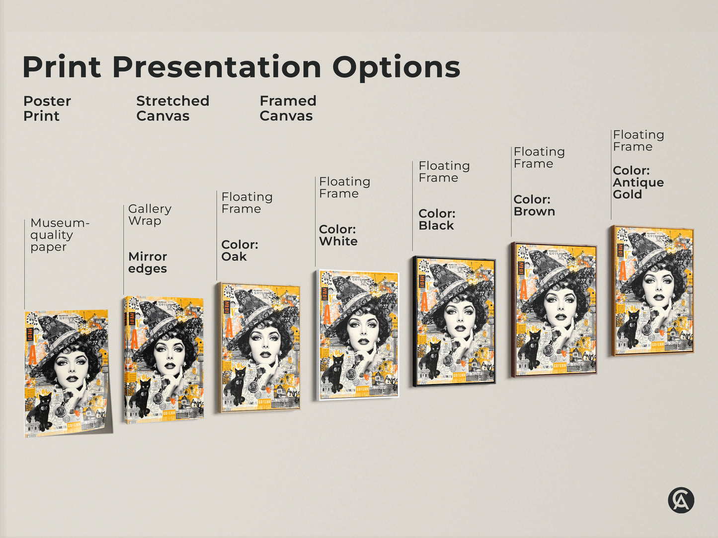 Explore art print options for vintage collage art. Choose from poster prints stretched canvas plus framed canvas. Each option brings out the unique details of the witch and cat artwork. Find the perfect style for your space