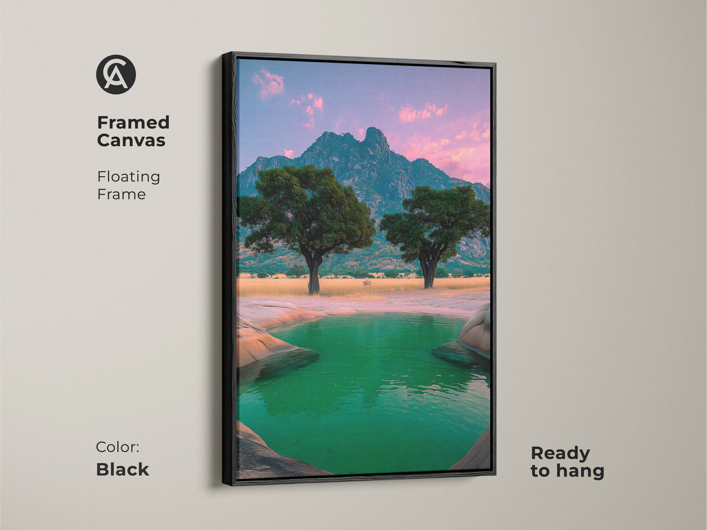 Framed in black this canvas art displays an African mountain landscape. Acacia trees and a green water oasis bring nature inside. This floating frame is ready to hang. It’s perfect for eclectic home decor. This nature-inspired wall art will enhance any space with its unique tree art.