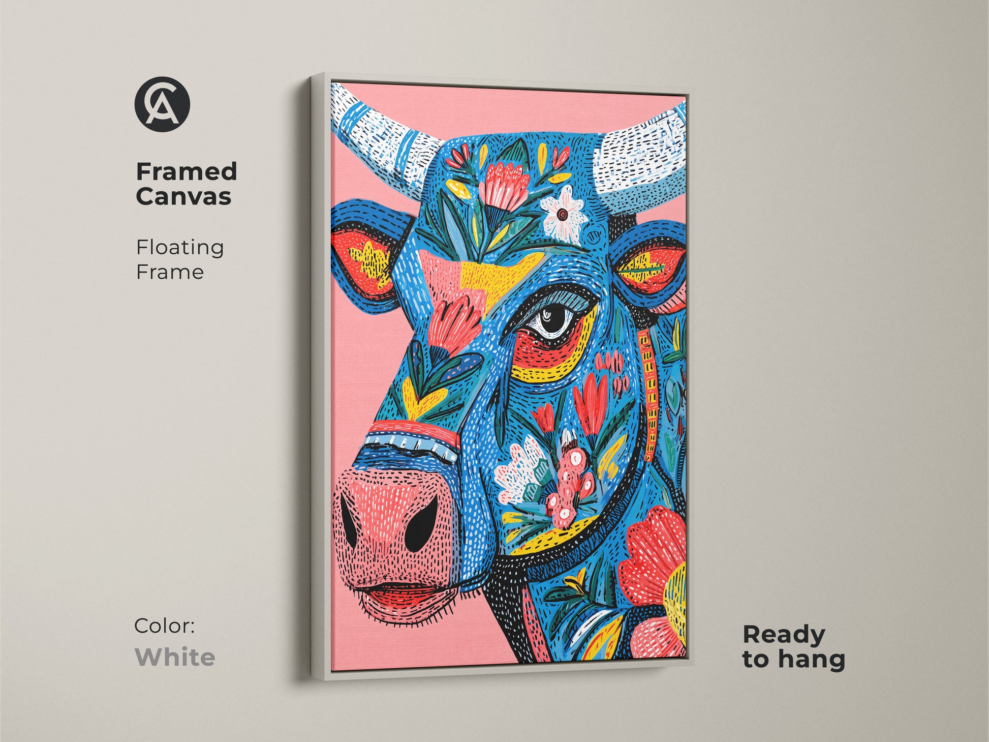 Framed canvas print of a floral bull artwork with a white floating frame. This artwork is ready to hang. The clean white frame allows the colorful art to stand out. This animal art print is perfect for a minimalist home. Shop this unique print today.