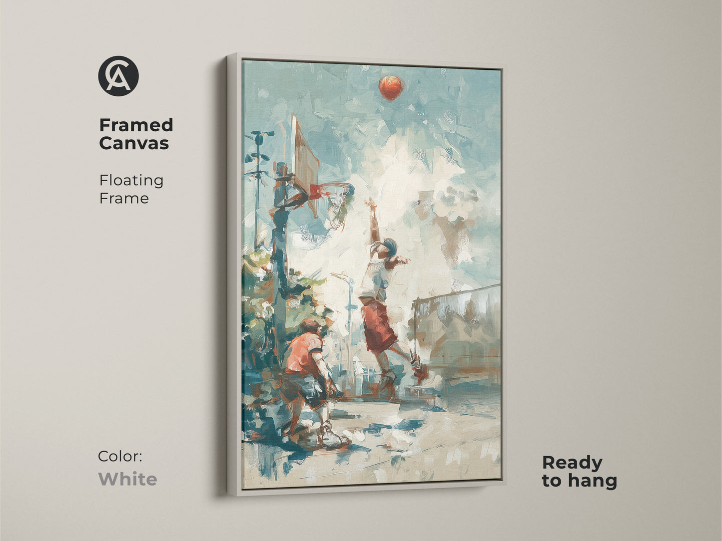 Enhance your decor with this framed basketball art. The white floating frame adds a touch of sophistication. The artwork showcases an exciting street basketball scene. It is ready to hang and enjoy. Perfect for basketball fans. Add a sporty touch to any room