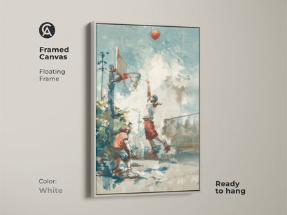 Enhance your decor with this framed basketball art. The white floating frame adds a touch of sophistication. The artwork showcases an exciting street basketball scene. It is ready to hang and enjoy. Perfect for basketball fans. Add a sporty touch to any room