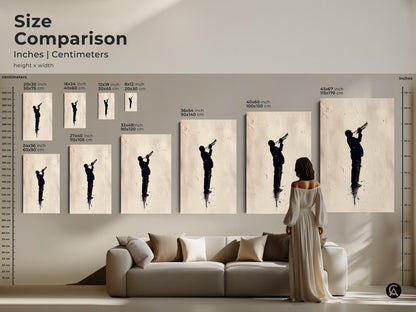 Jazz art size comparison in inches and centimeters. See the silhouette art of a trumpet player in different dimensions. Find the perfect size for your space. Visualize the art on your wall.