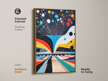 Framed canvas with floating frame in antique gold. Featuring abstract bowling art. Geometric sport theme with teal red and yellow accents. Ready to hang this contemporary sport artwork transforms your game room decor.