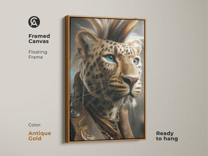 Antique Gold frame for the Rockstar Punk Leopard artwork. This framed canvas is ready to hang. The wild cat artwork can add an edgy touch to your eclectic space. A unique animal artwork.