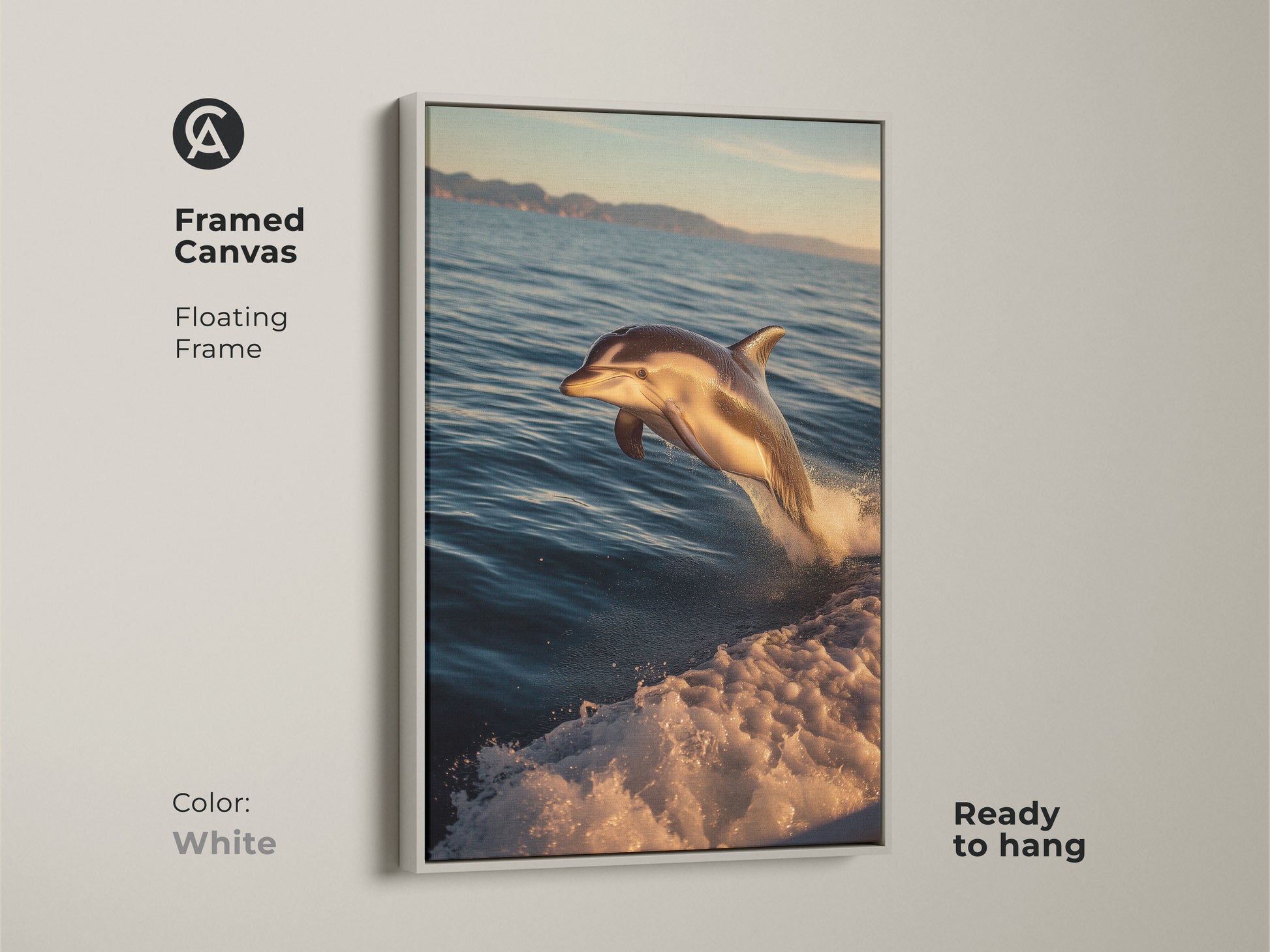 Framed canvas art of a dolphin leaping from teal blue ocean waves with a floating white frame. This realistic ocean waves print is ready to hang. This wildlife photography art adds a touch of coastal charm. A great gift for beach house wall hanging.