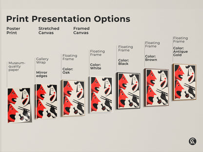 Explore presentation options for this abstract face artwork. Choose from poster stretched or framed canvas. Options include gallery wrap frames in black brown white and oak. Find the perfect style to complement your home decor. This modern figurative art is a unique focal point. Shop today.