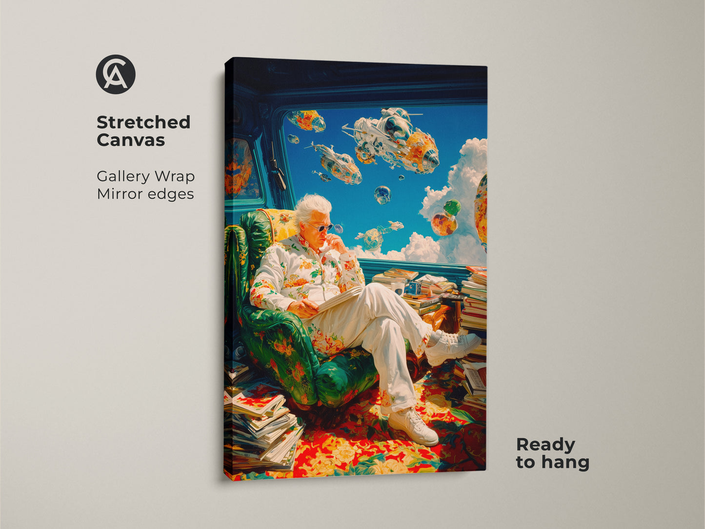 Stretched canvas art featuring a man reading in a floral shirt. Spaceships float outside the window creating a surreal scene. The gallery wrap has mirror edges. This canvas is ready to hang. A unique piece for any art collector.