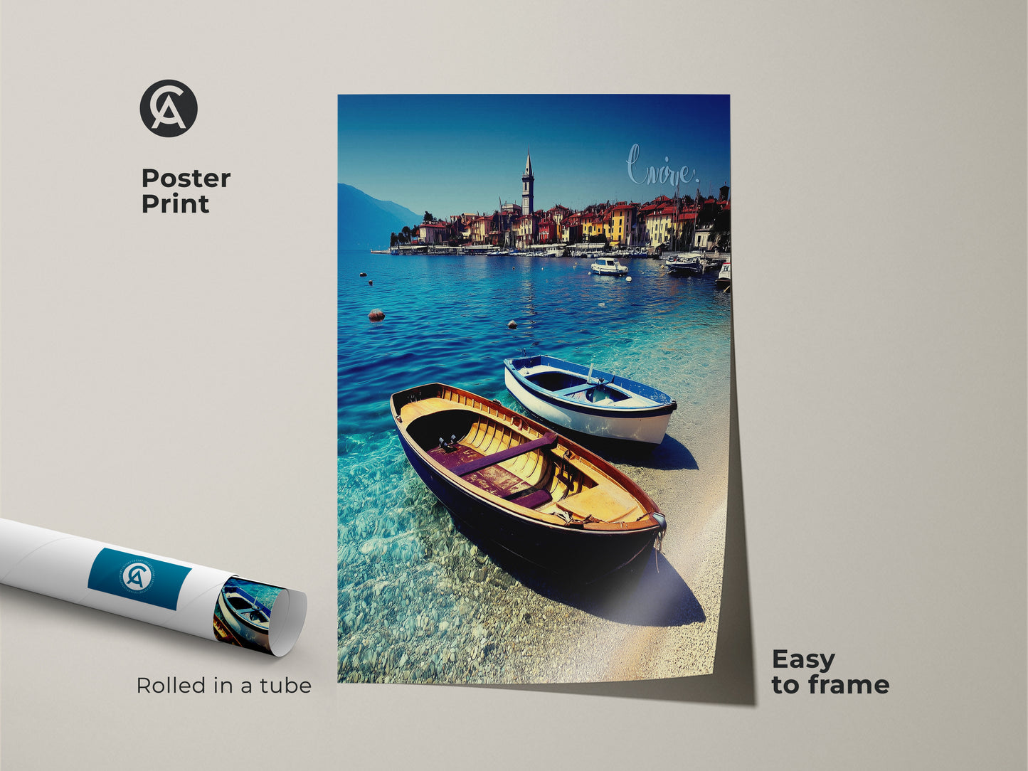Easy to frame poster print showcasing a European coastal town. This blue water landscape print captures realistic seaside charm. Perfect travel photography decor for beach lovers it evokes summer vacation vibes. Add this clear blue water art to your residential space. Rolled in a protective tube.