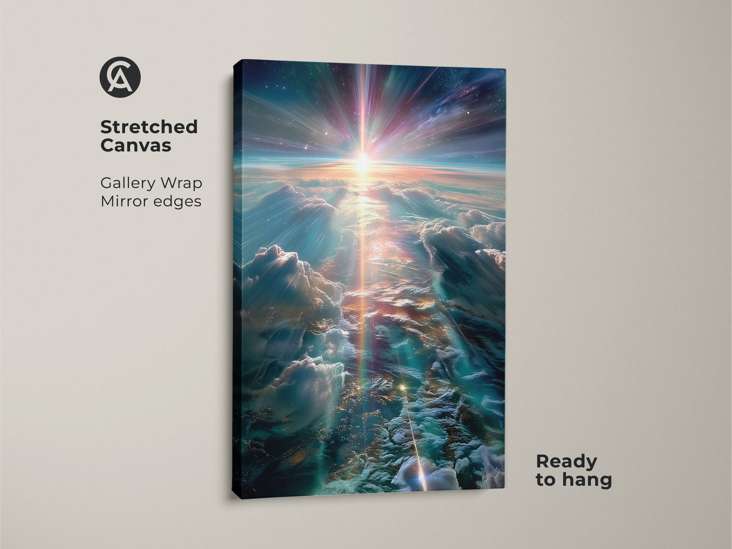Stretched canvas artwork featuring clouds and a radiant cosmic sky. The gallery wrap with mirror edges gives a modern look. This ready-to-hang canvas art brings a sense of wonder. Perfect as a statement piece.
