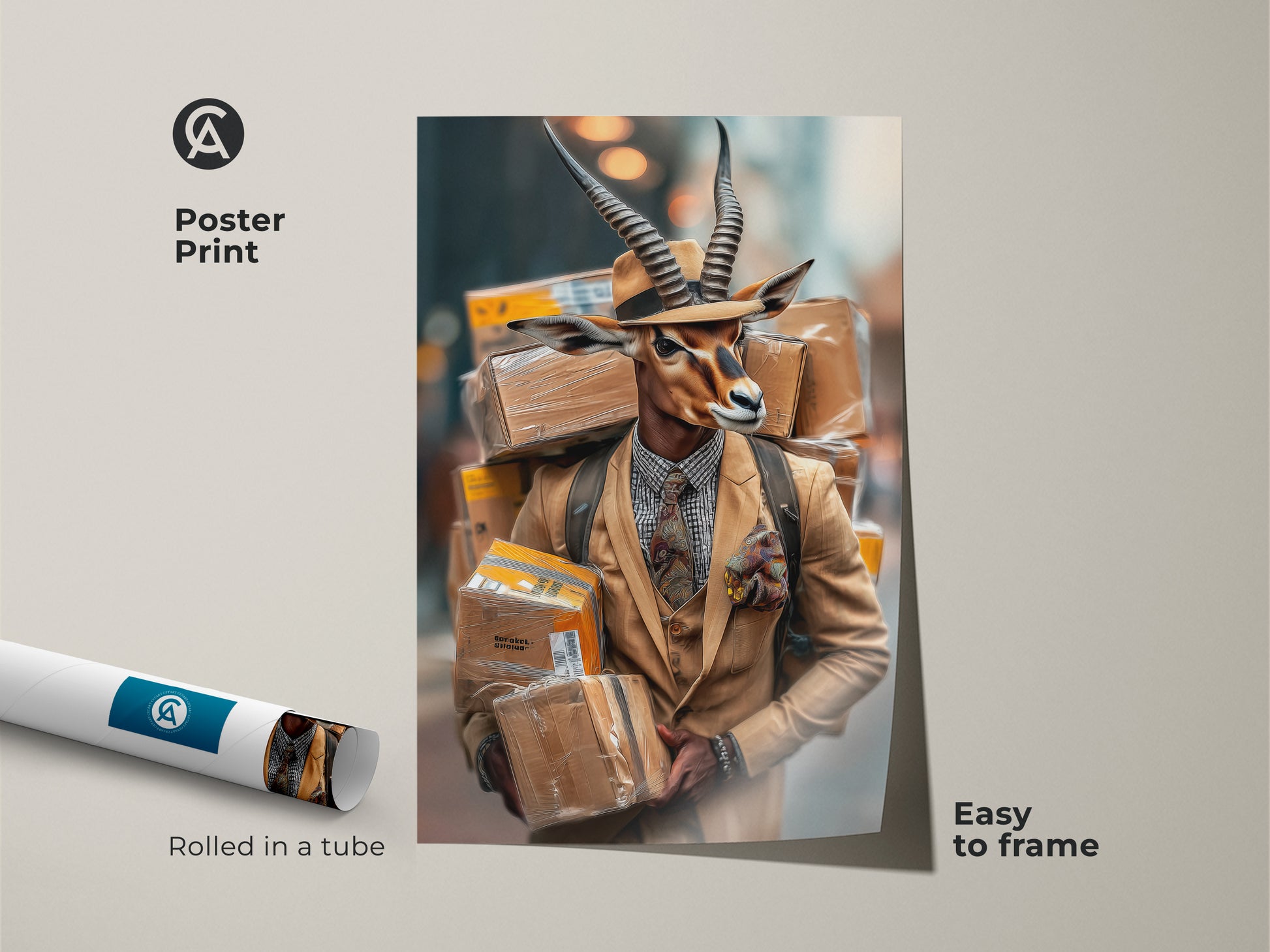 This poster print features a surreal gazelle man art piece rolled in a tube easy to frame. The tan brown yellow artwork is a unique animal portrait for eclectic home decor. An animal in suit wall art makes a quirky office gift. It's a contemporary surreal art print.