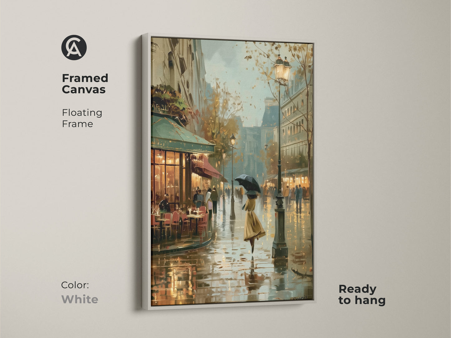 Framed canvas of a rainy Paris cafe scene in a white floating frame. This contemporary artwork features an impressionistic cityscape. The European street scene decor showcases a woman with an umbrella. This ready to hang art adds a touch of vintage charm to your home decor.