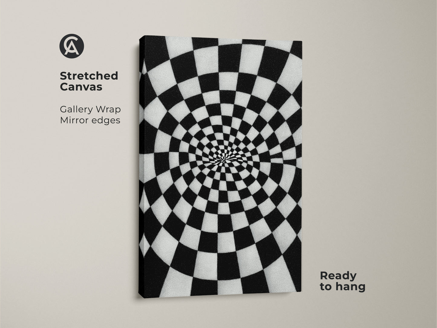 Stretched Canvas Abstract Spiral Checkerboard artwork. Black and white Op Art Print geometric pattern creates depth. Contemporary home decor for a hallway or office. The gallery wrap has mirror edges and is ready to hang.