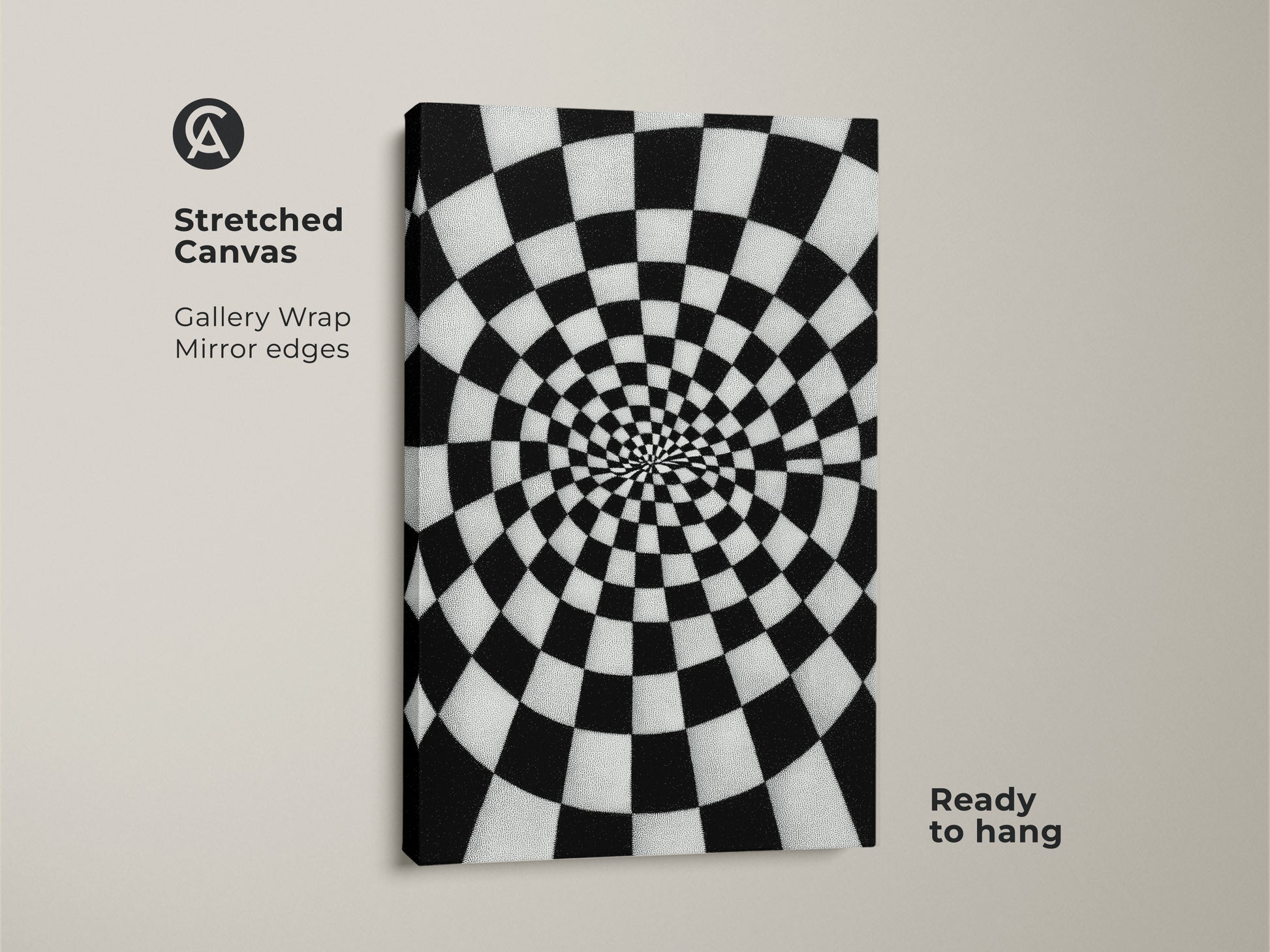 Stretched Canvas Abstract Spiral Checkerboard artwork. Black and white Op Art Print geometric pattern creates depth. Contemporary home decor for a hallway or office. The gallery wrap has mirror edges and is ready to hang.