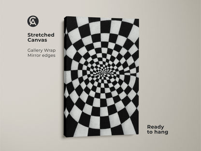 Stretched Canvas Abstract Spiral Checkerboard artwork. Black and white Op Art Print geometric pattern creates depth. Contemporary home decor for a hallway or office. The gallery wrap has mirror edges and is ready to hang.