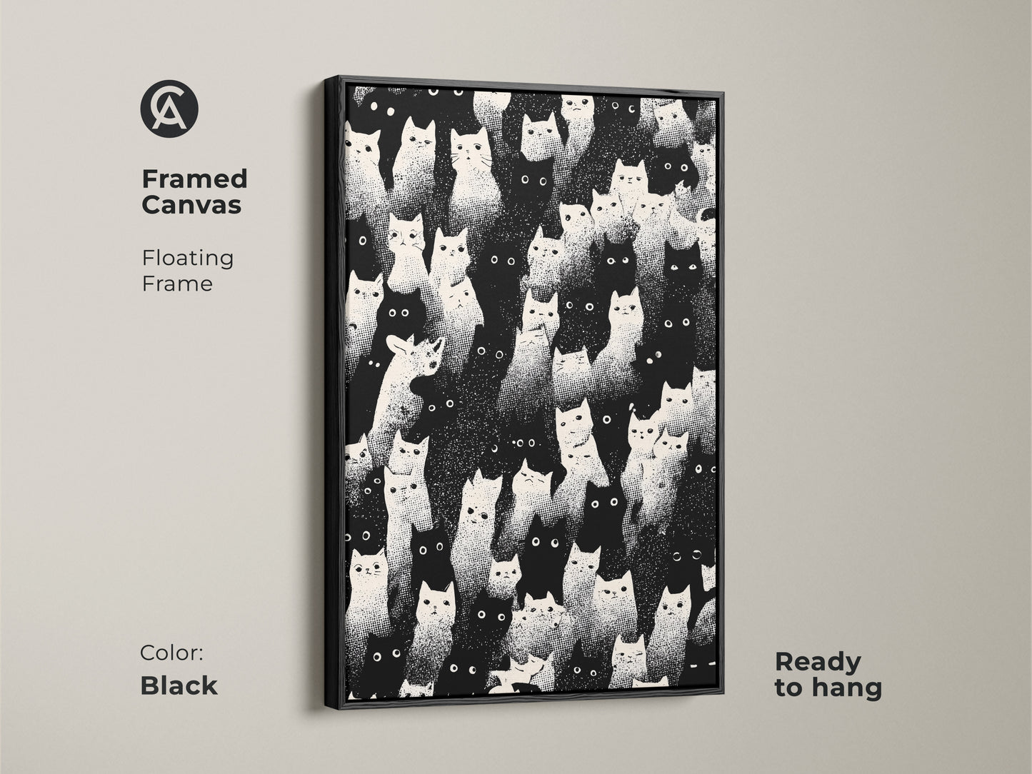 Framed canvas with a floating frame. This black frame highlights the eclectic cat art. Ready to hang. The black and white wall art is a minimalist animal decor choice. Ideal as a cat mom birthday gift. This graphic animal print elevates any room.