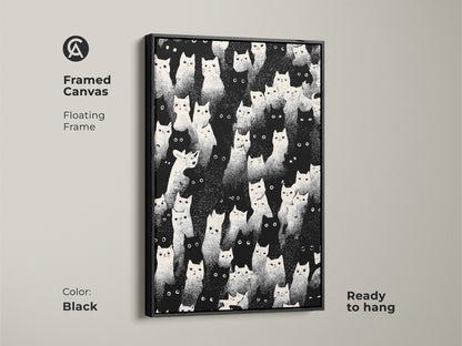 Framed canvas with a floating frame. This black frame highlights the eclectic cat art. Ready to hang. The black and white wall art is a minimalist animal decor choice. Ideal as a cat mom birthday gift. This graphic animal print elevates any room.
