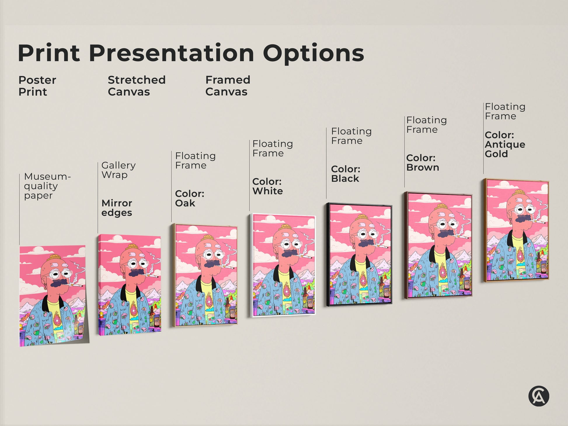 Various print presentation options for cartoon art. Choose from poster prints stretched canvas or framed canvas. Each option showcases a unique cartoon man smoking. Find the perfect style to match your decor. Add a touch of personality to your space with this versatile artwork.