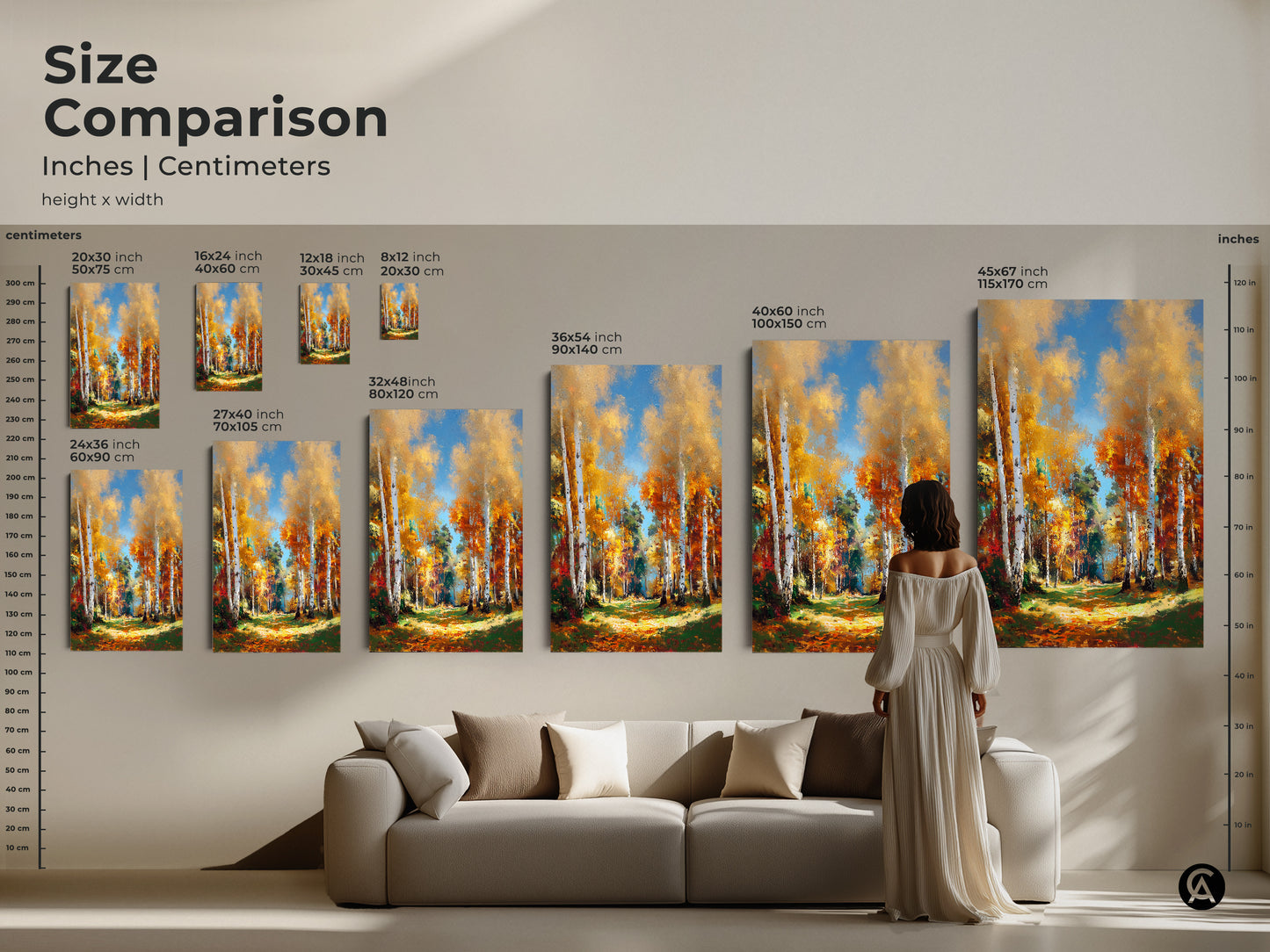 Size comparison of birch tree artwork. See inches and centimeters. Visualize canvas and poster print sizes in a living room setting. Choose the perfect dimensions for your wall.