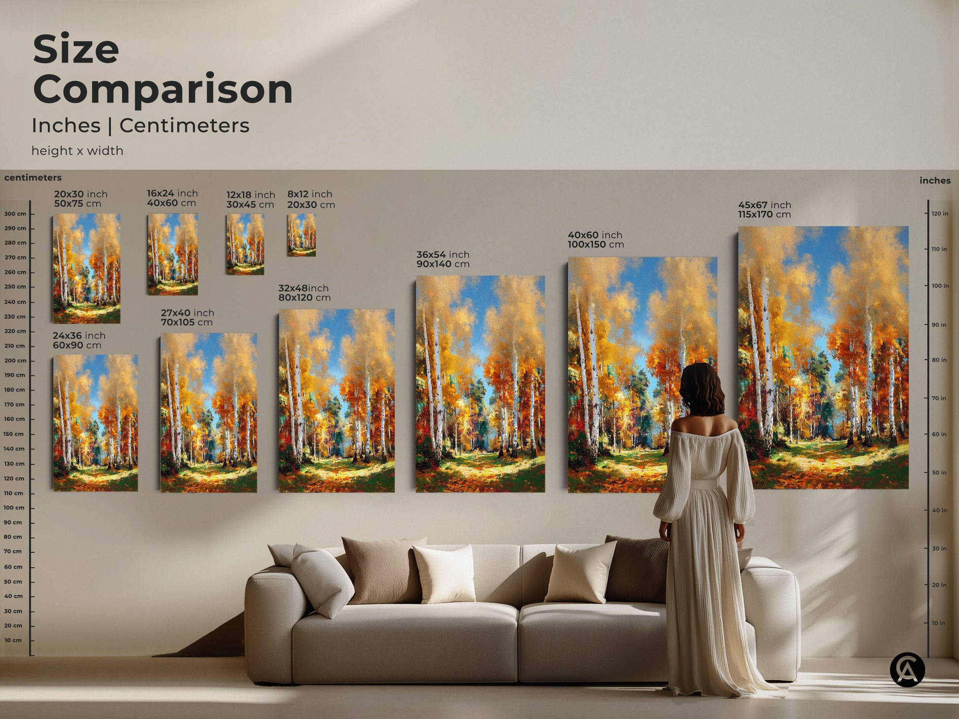 Size comparison of birch tree artwork. See inches and centimeters. Visualize canvas and poster print sizes in a living room setting. Choose the perfect dimensions for your wall.