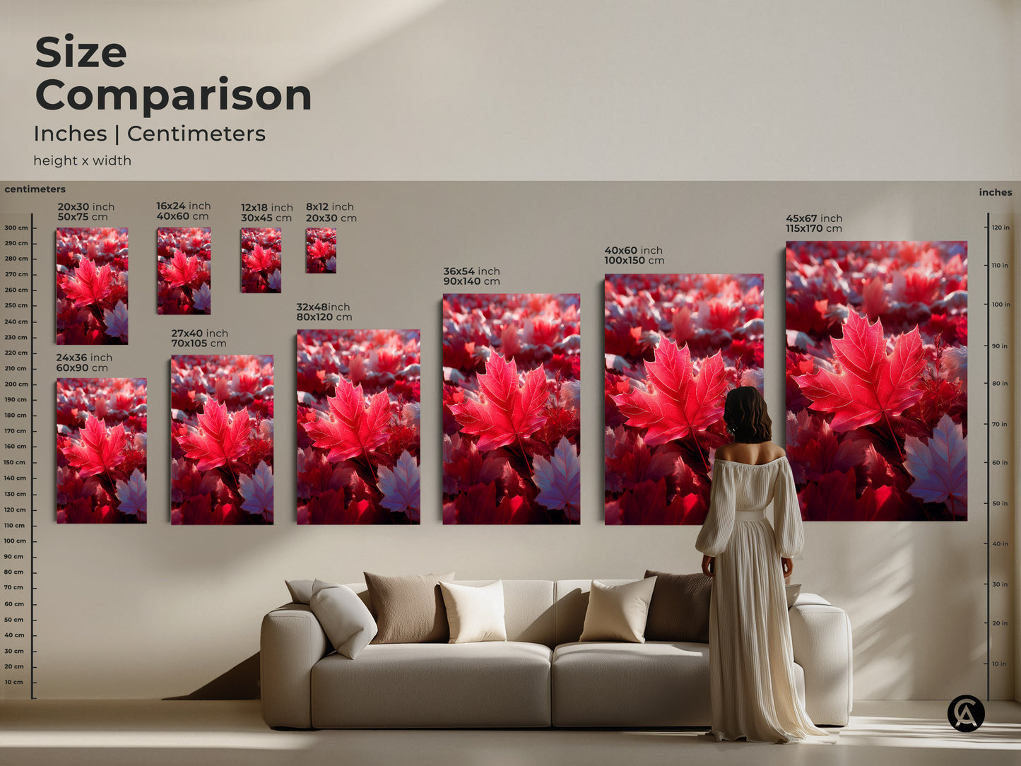 Size comparison of red maple leaf art prints in inches and centimeters. See how the artwork looks in various sizes from small to large. Perfect for canvas or poster prints. Visualize the perfect wall art size for your living room.