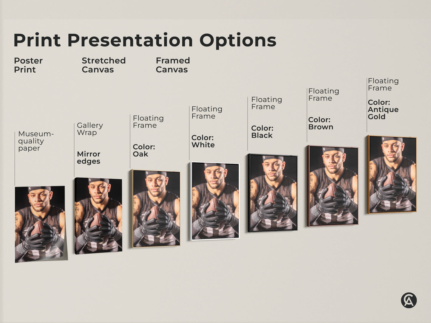 Explore print presentation options with this American Football art print. Choose from poster print stretched canvas or framed canvas. Various floating frame colors include white black brown oak and antique gold. Enhance your man cave or home gym with this sports wall decor.
