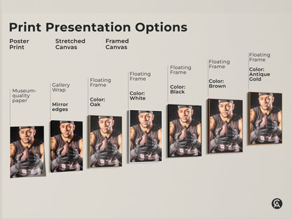 Explore print presentation options with this American Football art print. Choose from poster print stretched canvas or framed canvas. Various floating frame colors include white black brown oak and antique gold. Enhance your man cave or home gym with this sports wall decor.