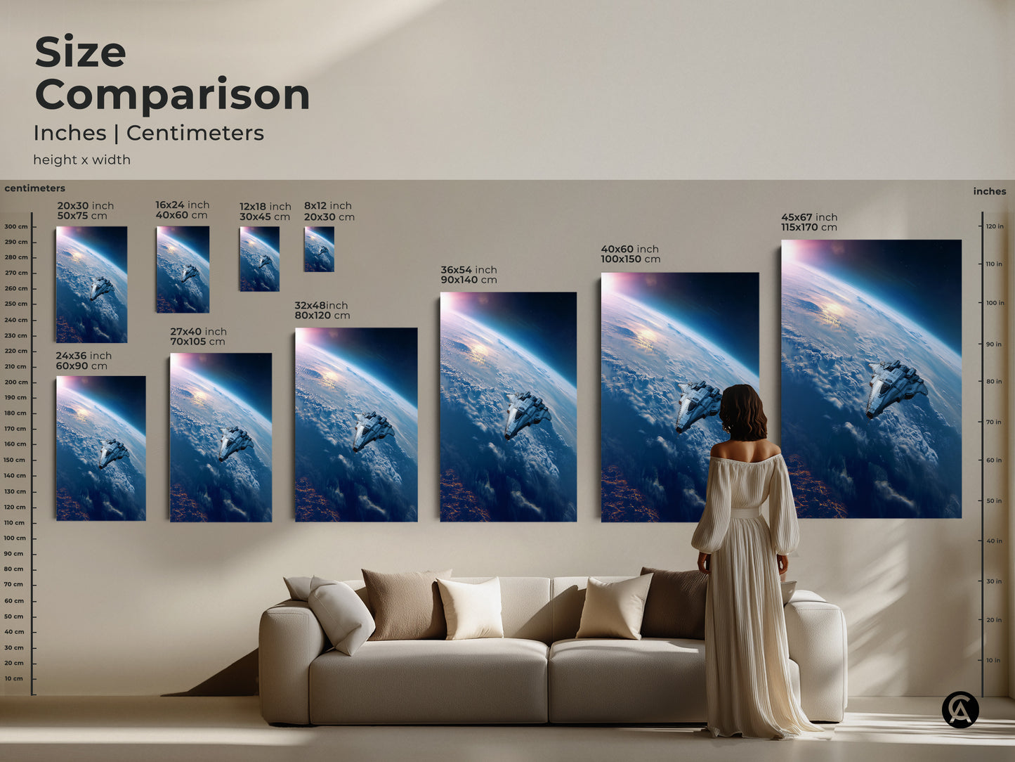 Size Comparison of Sci-Fi Space Art Prints in inches and centimeters. The artwork shows a futuristic spaceship over Earth. Perfect for adding a cosmic touch to any space stargazers love.