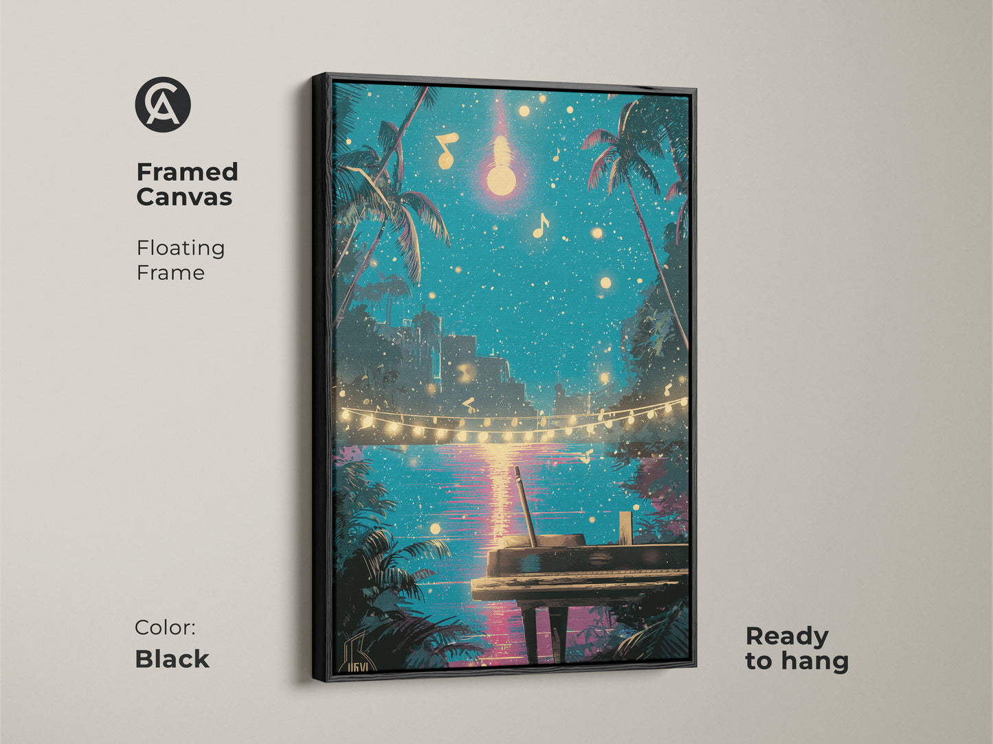 This framed retro piano canvas art is ready to hang. Its black floating frame enhances the artwork. It features palm trees under a teal night sky. Pink accents highlight musical notes creating an eclectic vibe. A perfect musician gift idea. Enjoy coastal music artwork