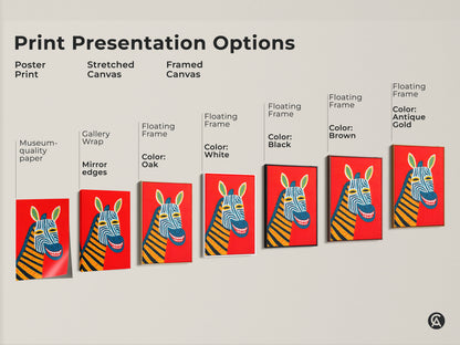 Print presentation options showcasing various formats of the abstract zebra portrait. Choose between a poster print stretched canvas or framed canvas with different frame colors. This colorful animal art suits any eclectic room decor.