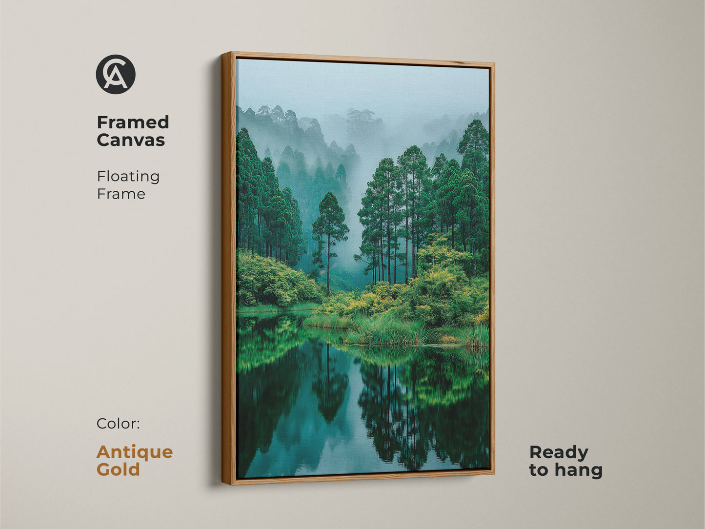 Antique gold framed canvas print showing a misty forest lake. The floating frame adds a touch of elegance. This ready-to-hang art piece combines vintage charm with a peaceful natural scenery.