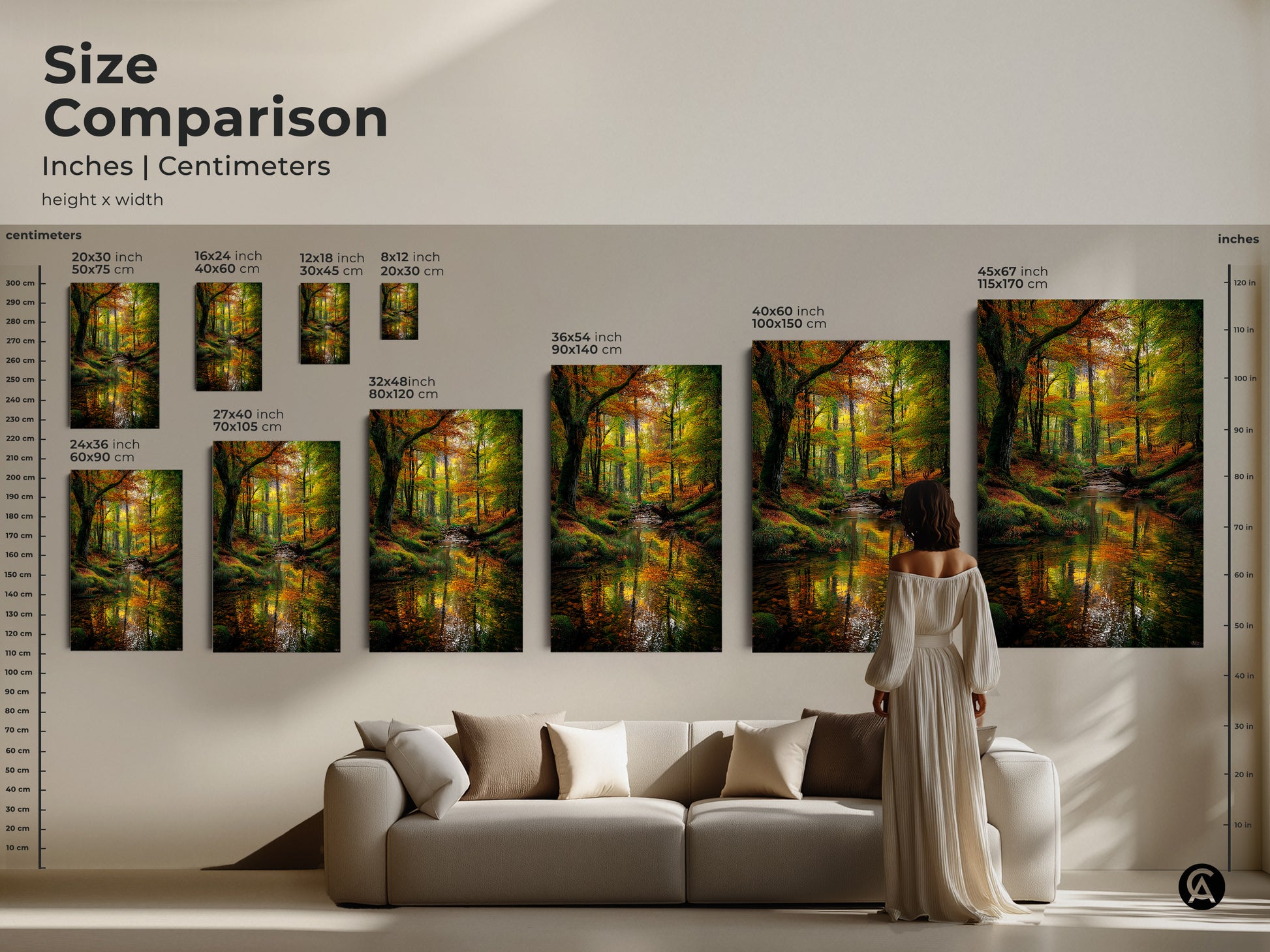 Size comparison of our forest stream artwork in inches and centimeters. Visualize how different sizes will look in your home. Choose from a variety of dimensions to suit your space. Find the perfect canvas or poster print to enhance your decor. Bring nature indoors with our stunning wall art.
