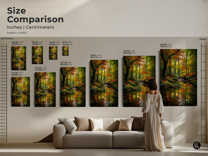Size comparison of our forest stream artwork in inches and centimeters. Visualize how different sizes will look in your home. Choose from a variety of dimensions to suit your space. Find the perfect canvas or poster print to enhance your decor. Bring nature indoors with our stunning wall art.