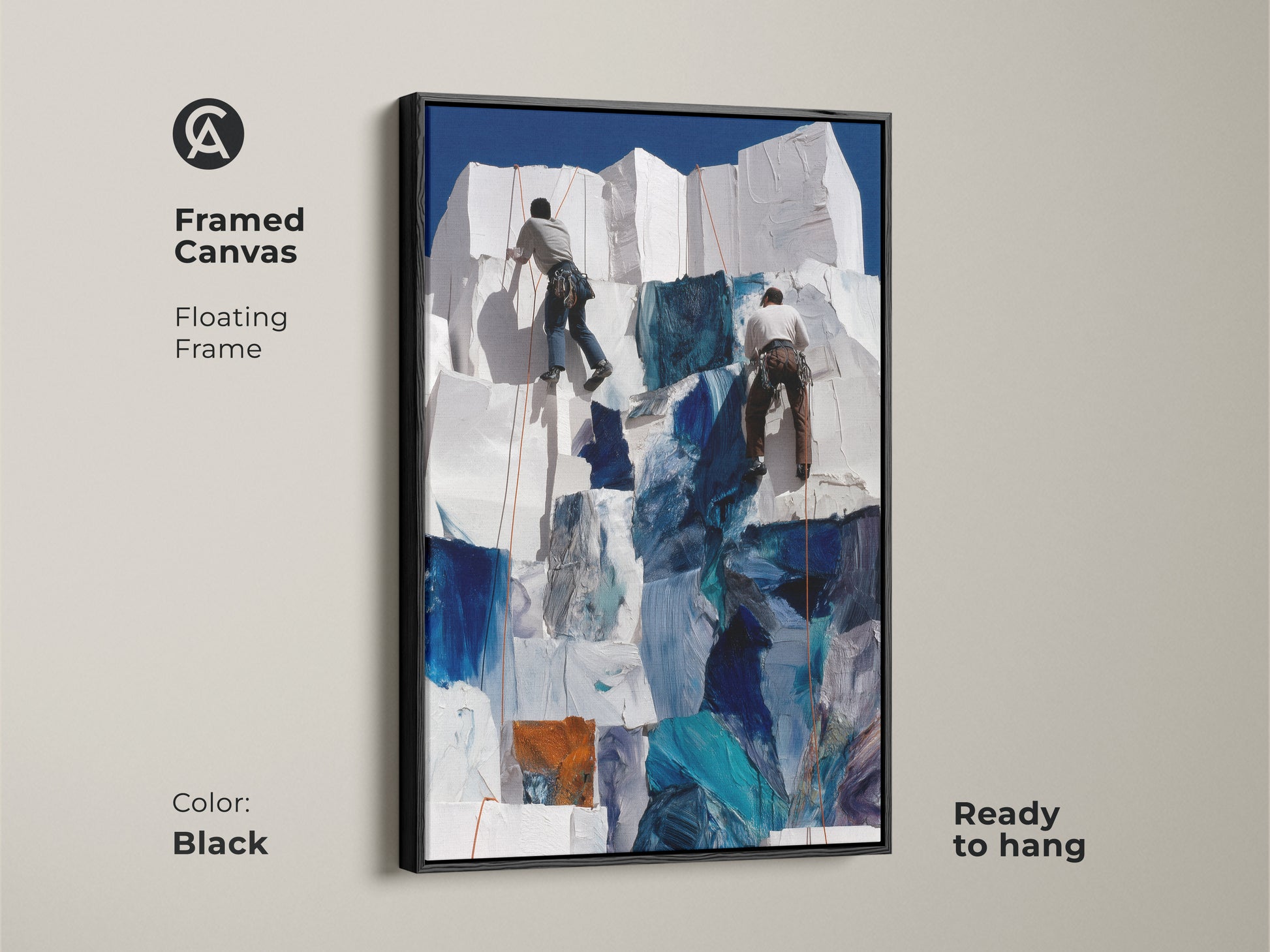 Framed canvas art depicts abstract mountain climbing. Floating in a black frame the art is ready to hang. Deep blue and white tones make it perfect for office wall decor.