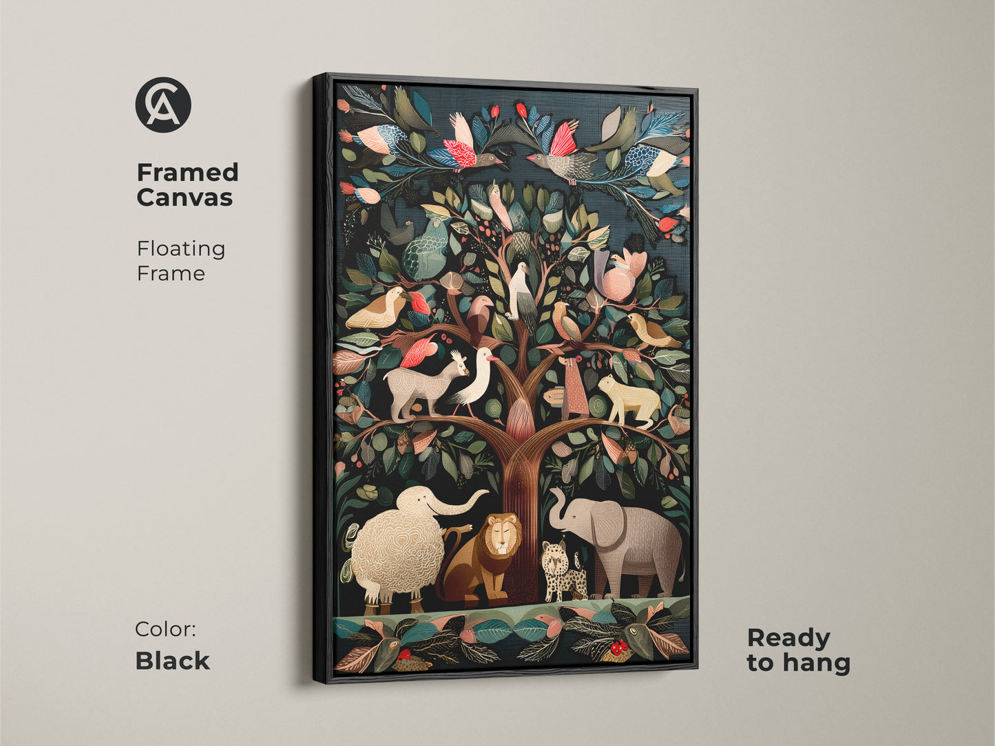 Black framed canvas showcasing a Folk Art Tree of Life. Exotic birds and animals are displayed in deep teal brown and emerald green tones. The nature inspired wall art is ready to hang a cozy home decor accent perfect as a unique nature print.