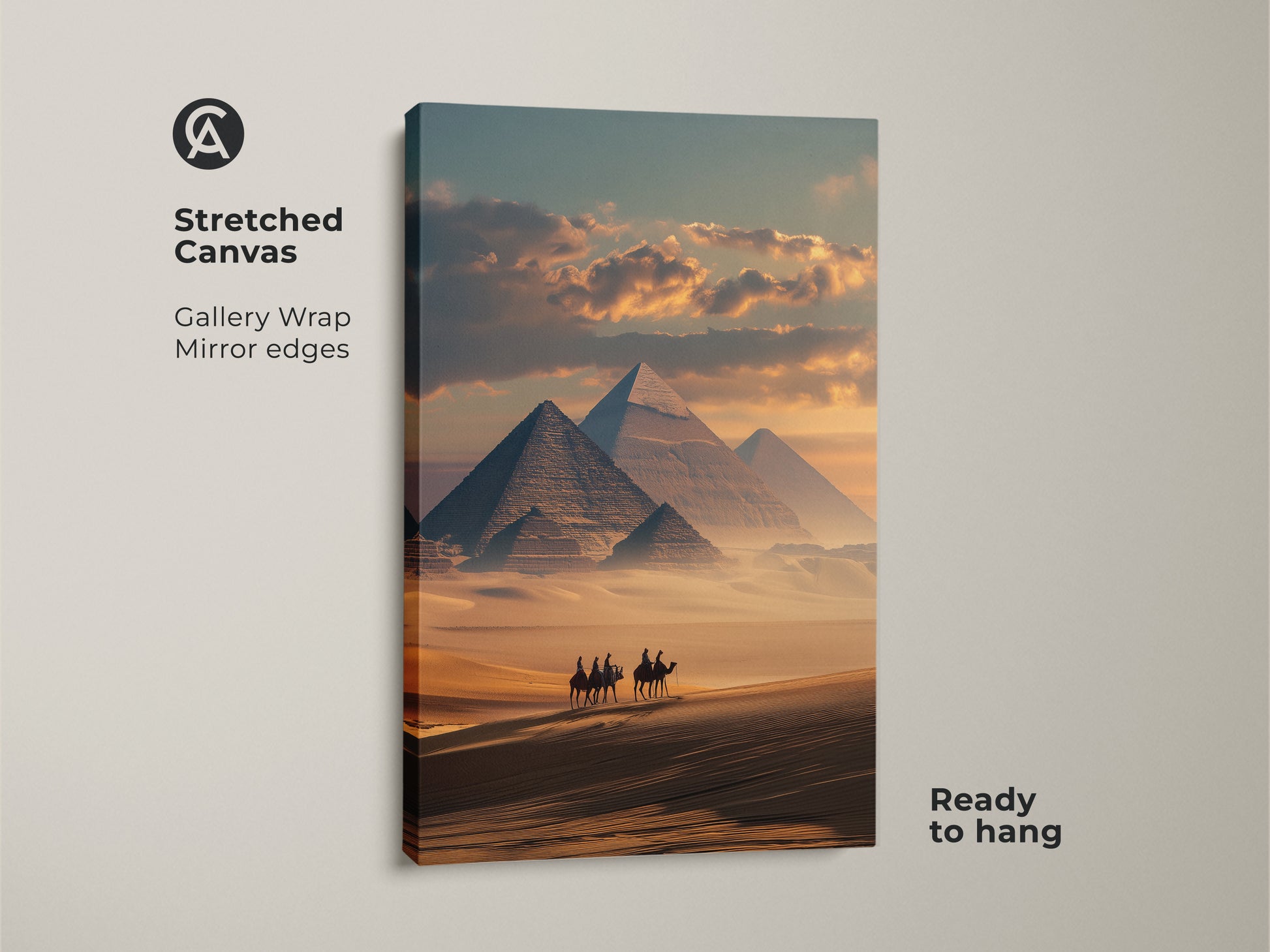 This stretched canvas art shows the Egyptian pyramids and a camel caravan. The gallery wrap has mirrored edges. The desert landscape print is ready to hang. It features a sandy yellow and teal color palette. Add this eclectic home art to your collection today.