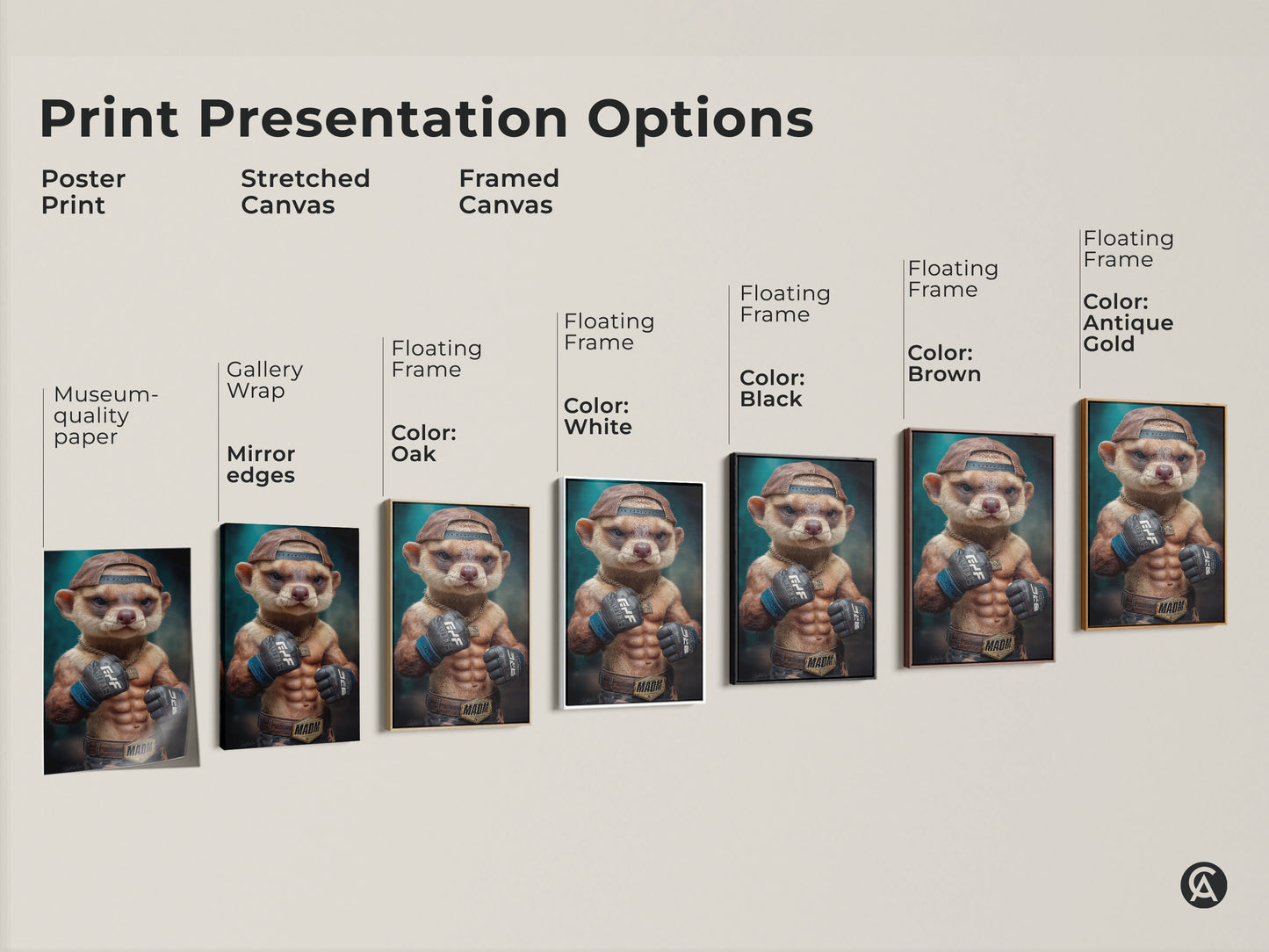 This image displays different print presentation options. This includes a poster print or a stretched canvas. You can also get framed canvas in a black brown oak antique gold and white. There is a perfect choice for everyone